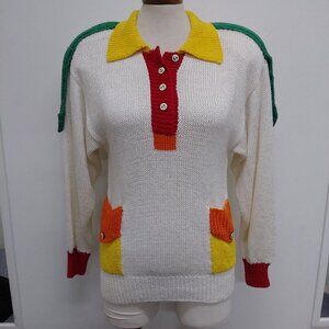 Sweater 80's Colourful -White with Red, Orange, Yellow, Green Accents & Nautical
